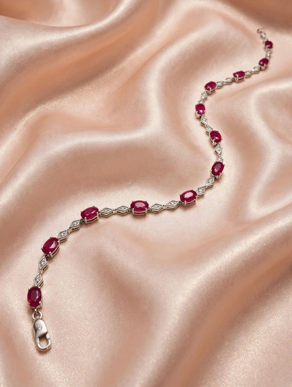 9K White Gold Oval Ruby & Diamond Rhombus Link Bracelet