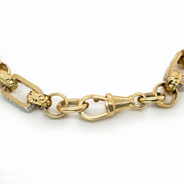 9K Yellow Gold Engraved Gate & CZ Bar Link Bracelet