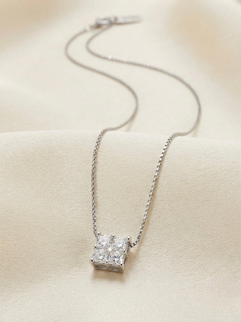 14K White Gold Princess-Cut Cluster Diamond Pendant Necklace