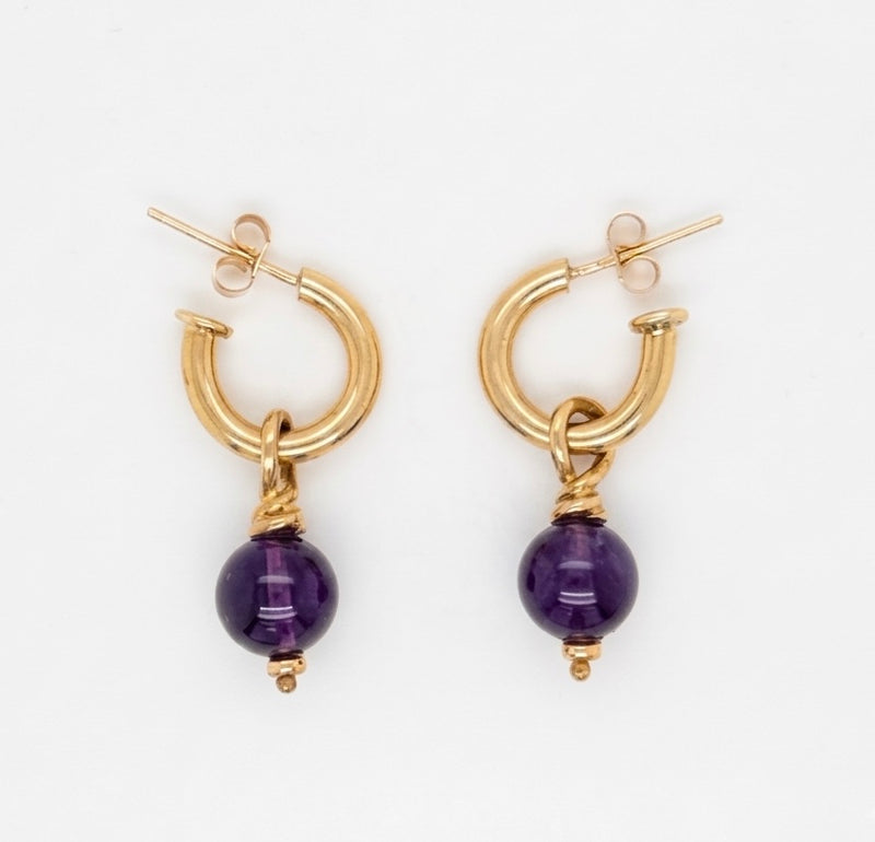 9K Yellow Gold Amethyst Bead Hoop Earrings