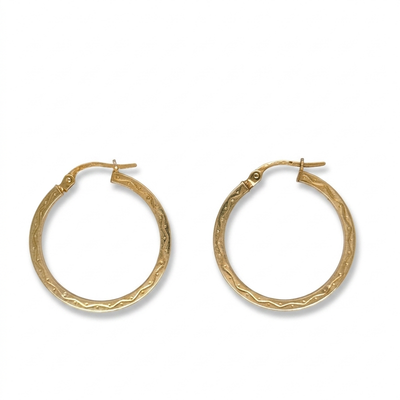 9K Yellow Gold Patterned Engraved Hoop Earrings