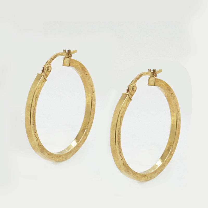 9K Yellow Gold Patterned Engraved Hoop Earrings