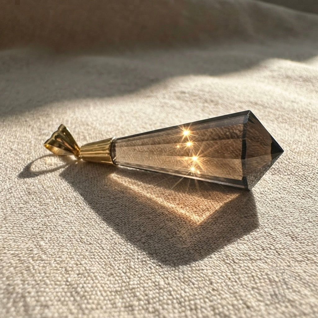 9K Yellow Gold Smokey Quartz Crystal Obelisk Drop Pendant