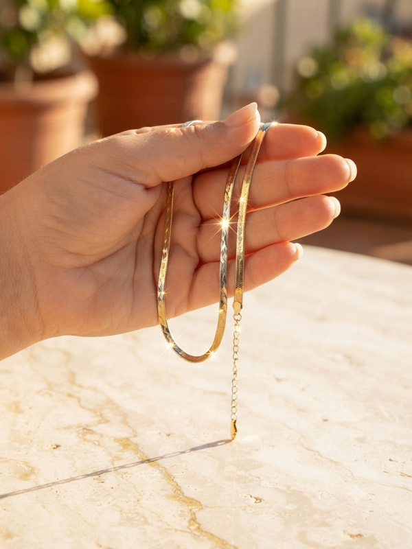 18K Tri-Color Gold Diamond-Cut Herringbone Chain Necklace