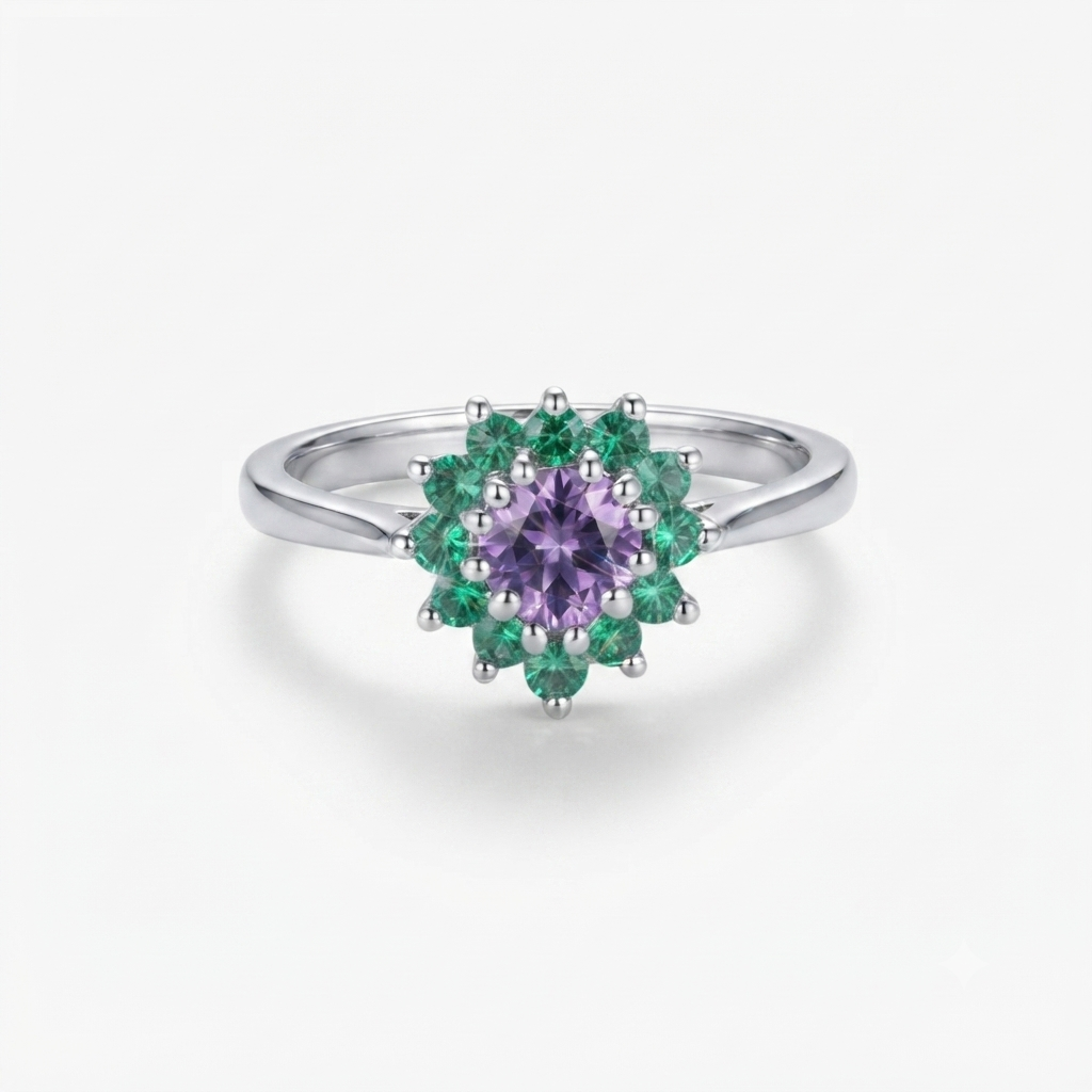 18K White Gold Heart Shaped Amethyst & Emerald Vintage Dress Ring