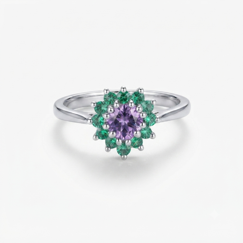 18K White Gold Heart Shaped Amethyst &amp; Emerald Vintage Dress Ring