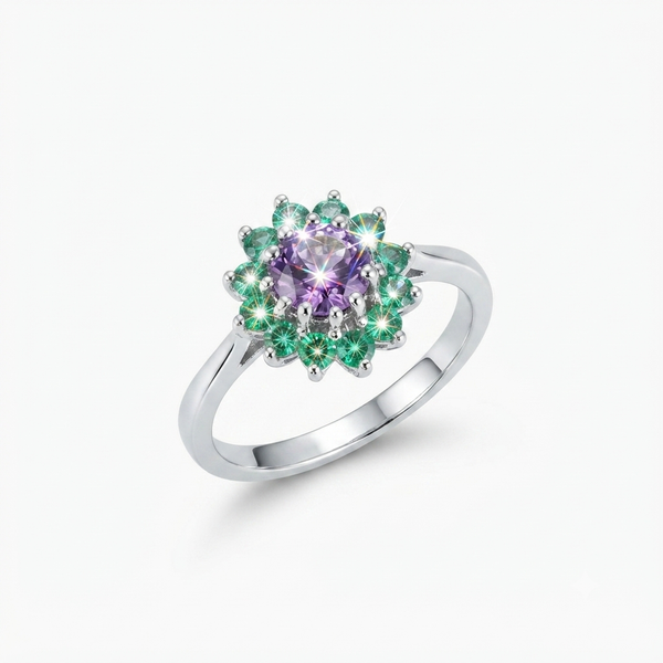 18K White Gold Heart Shaped Amethyst & Emerald Vintage Dress Ring