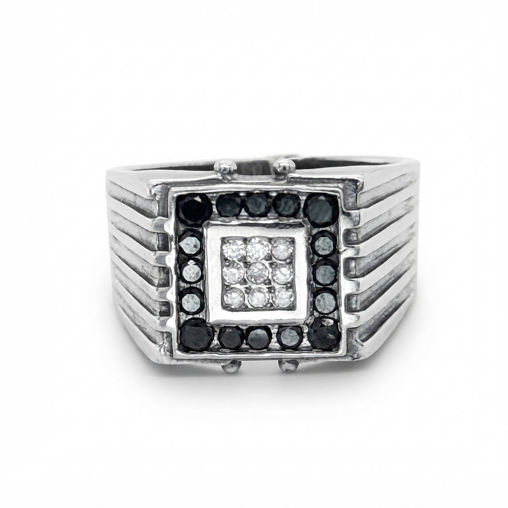 9K White Gold Vintage Mens Sapphire & Diamond Ring