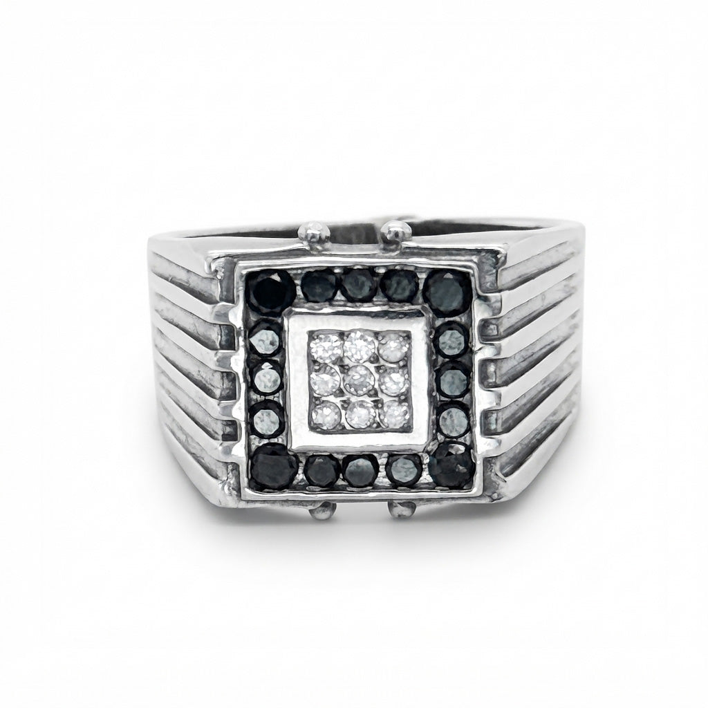 9K White Gold Vintage Mens Sapphire & Diamond Ring