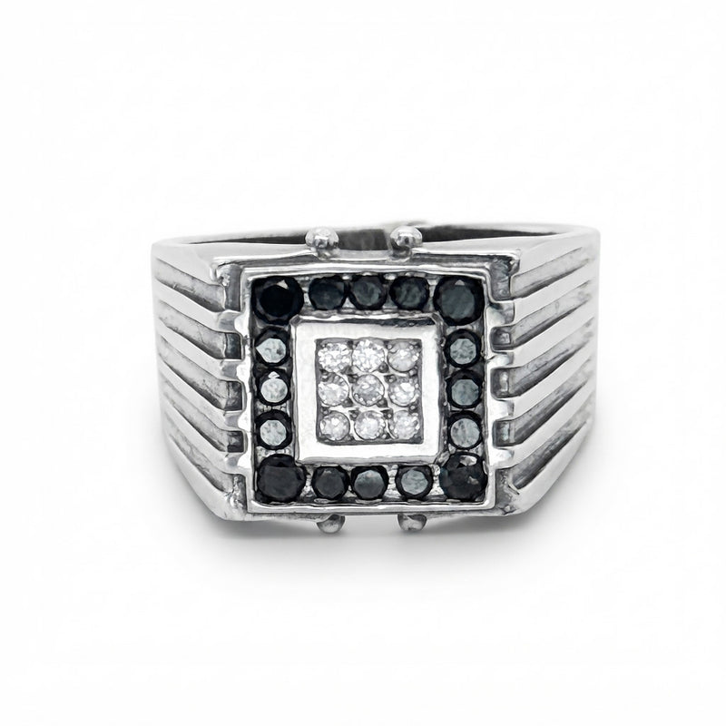 9K White Gold Vintage Mens Sapphire &amp; Diamond Ring