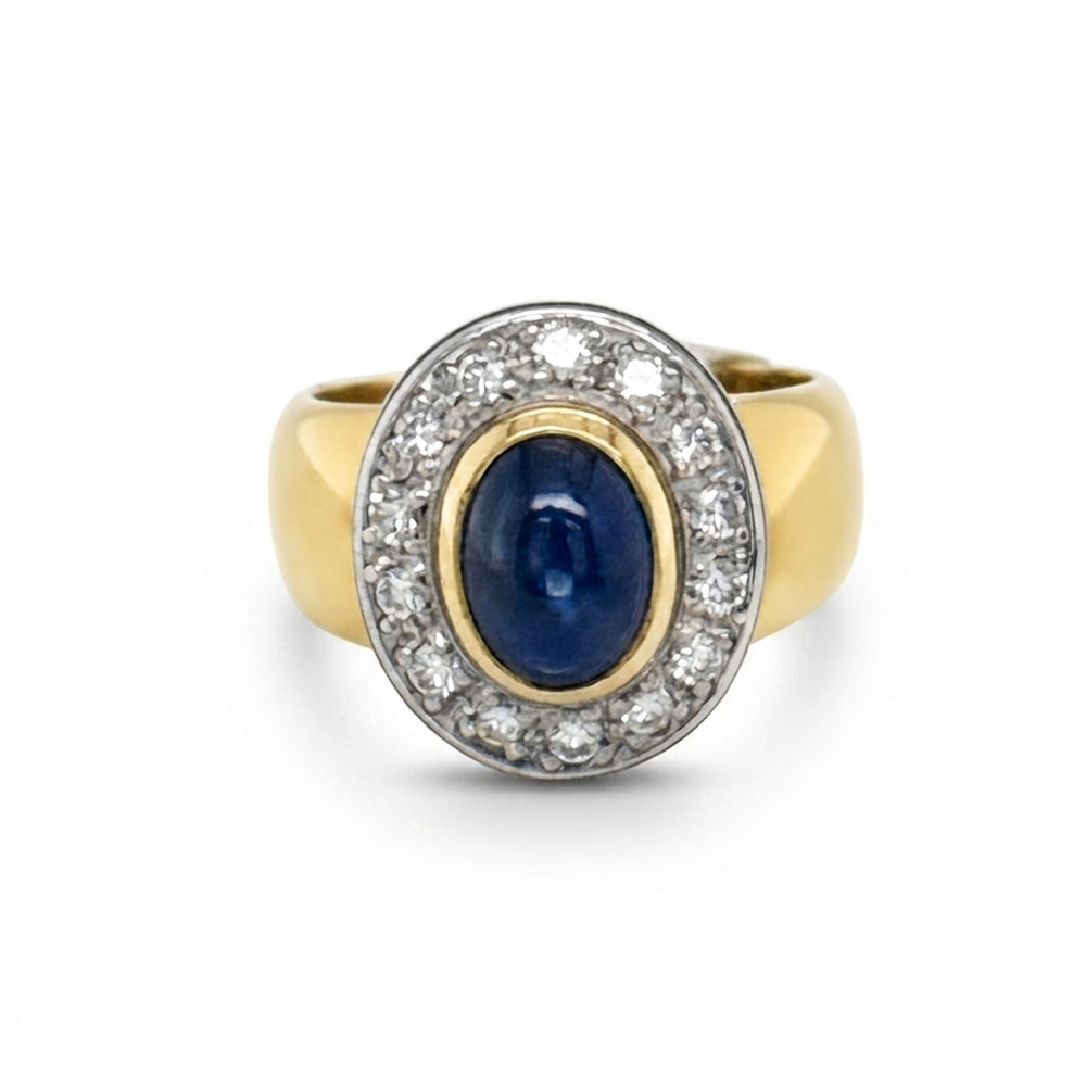 18K Yellow Gold Vintage Blue Cabochon Sapphire & Diamond Ring