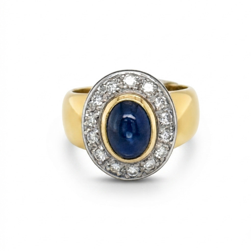 18K Yellow Gold Vintage Blue Cabochon Sapphire & Diamond Ring