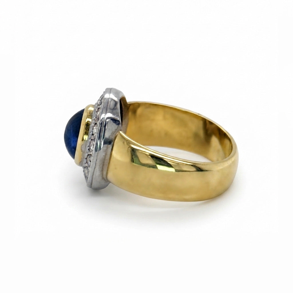 18K Yellow Gold Vintage Blue Cabochon Sapphire & Diamond Ring
