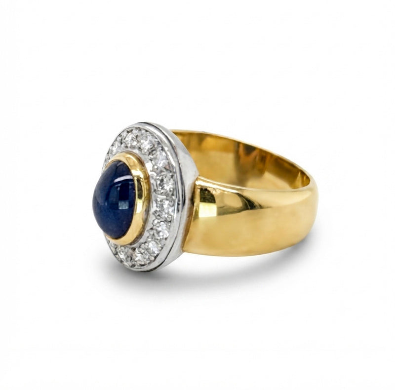 18K Yellow Gold Vintage Blue Cabochon Sapphire &amp; Diamond Ring