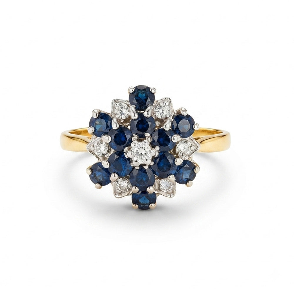 9K Yellow Gold Vintage Sapphire & Diamond Cluster Dress Ring