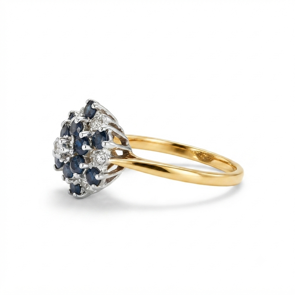 9K Yellow Gold Vintage Sapphire & Diamond Cluster Dress Ring
