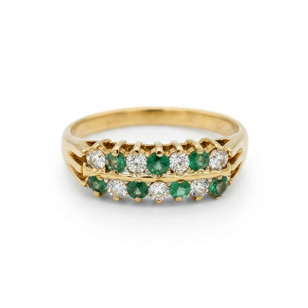 9K Yellow Gold Vintage Emerald & Diamond Dress Ring