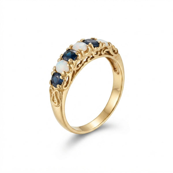 9K Yellow Gold Sapphire & Opal Vintage Dress Ring