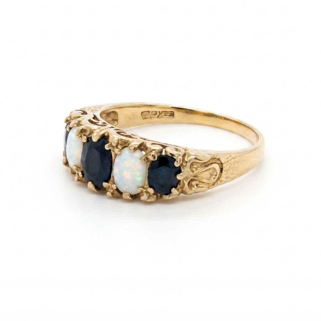 9K Yellow Gold Sapphire & Opal Vintage Dress Ring