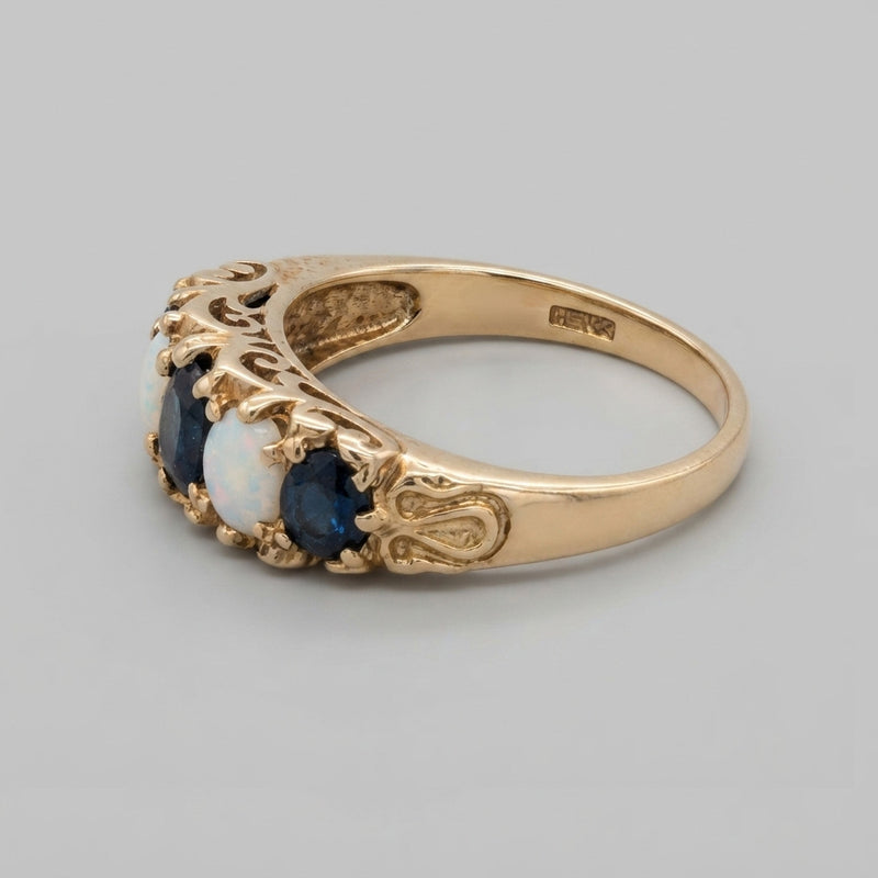 9K Yellow Gold Sapphire &amp; Opal Vintage Dress Ring