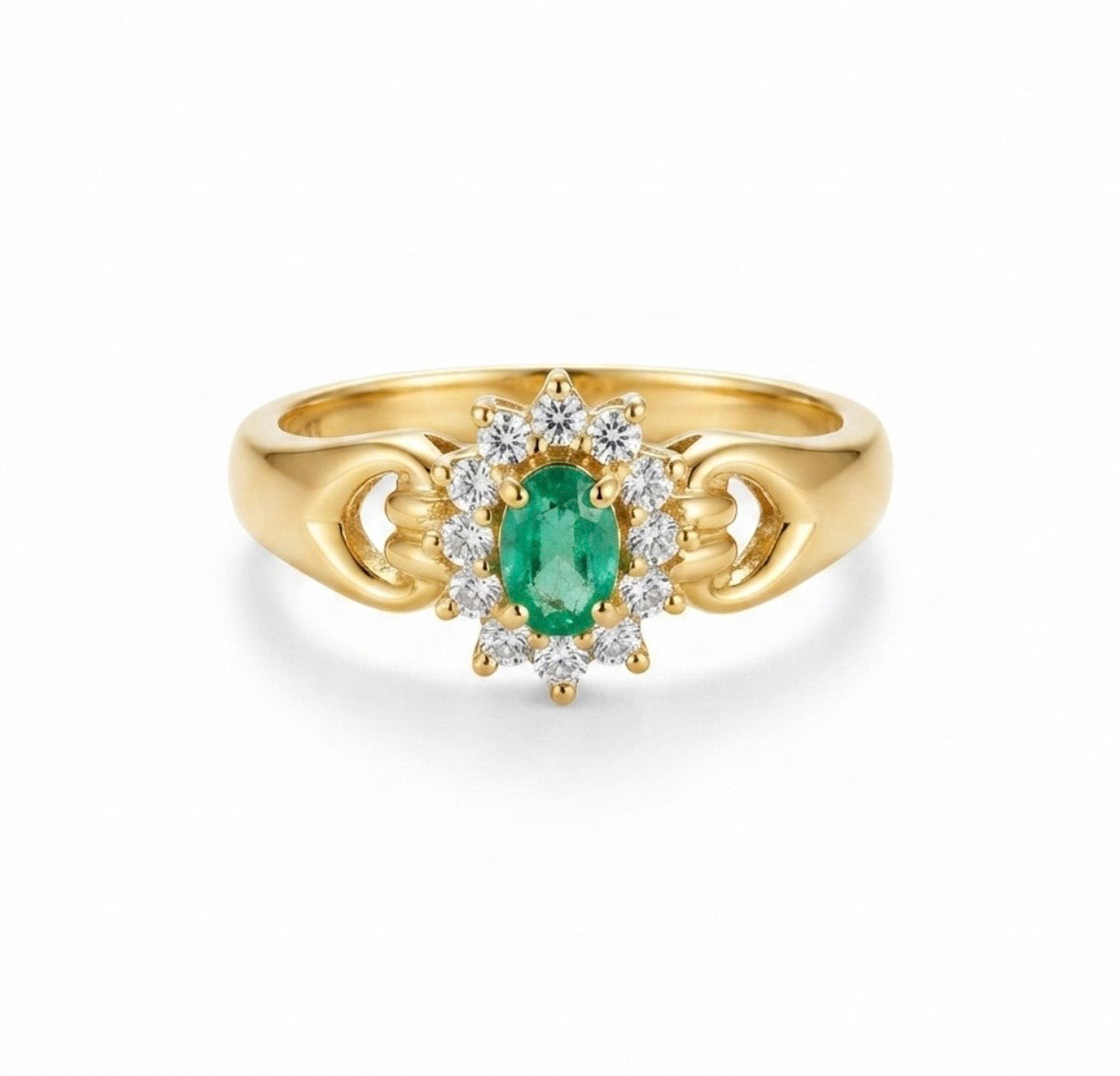 18K Yellow Gold Oval Emerald Diamond Cluster Ring