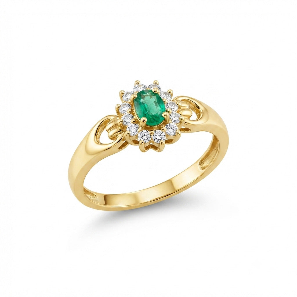 18K Yellow Gold Oval Emerald Diamond Cluster Ring