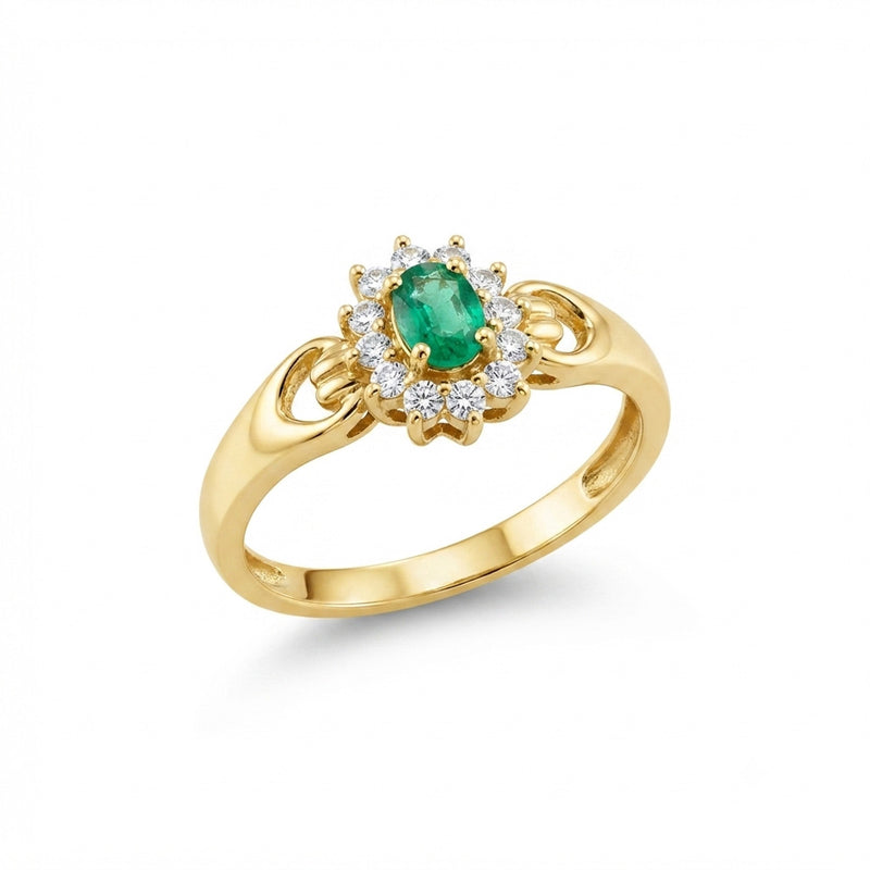 18K Yellow Gold Oval Emerald Diamond Cluster Ring