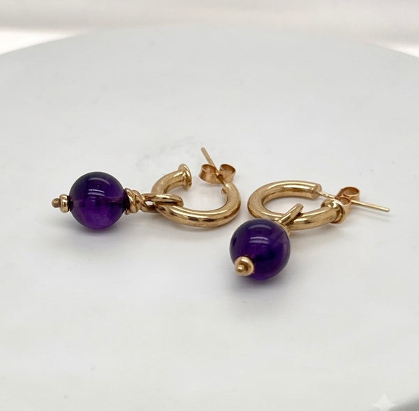 9K Yellow Gold Amethyst Bead Hoop Earrings