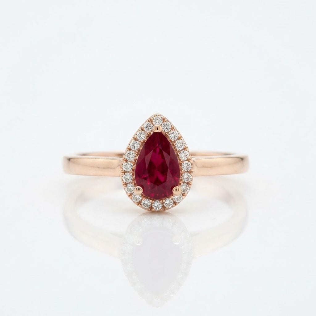 9K Yellow Gold Pear-Cut Ruby & Diamond Halo Ring