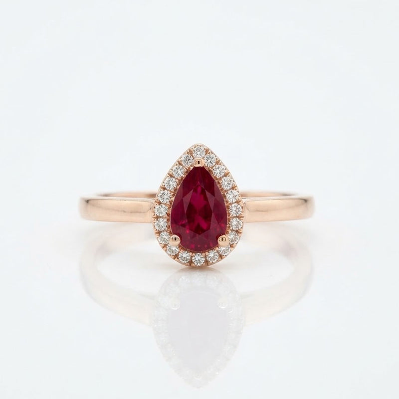 9K Yellow Gold Pear-Cut Ruby &amp; Diamond Halo Ring