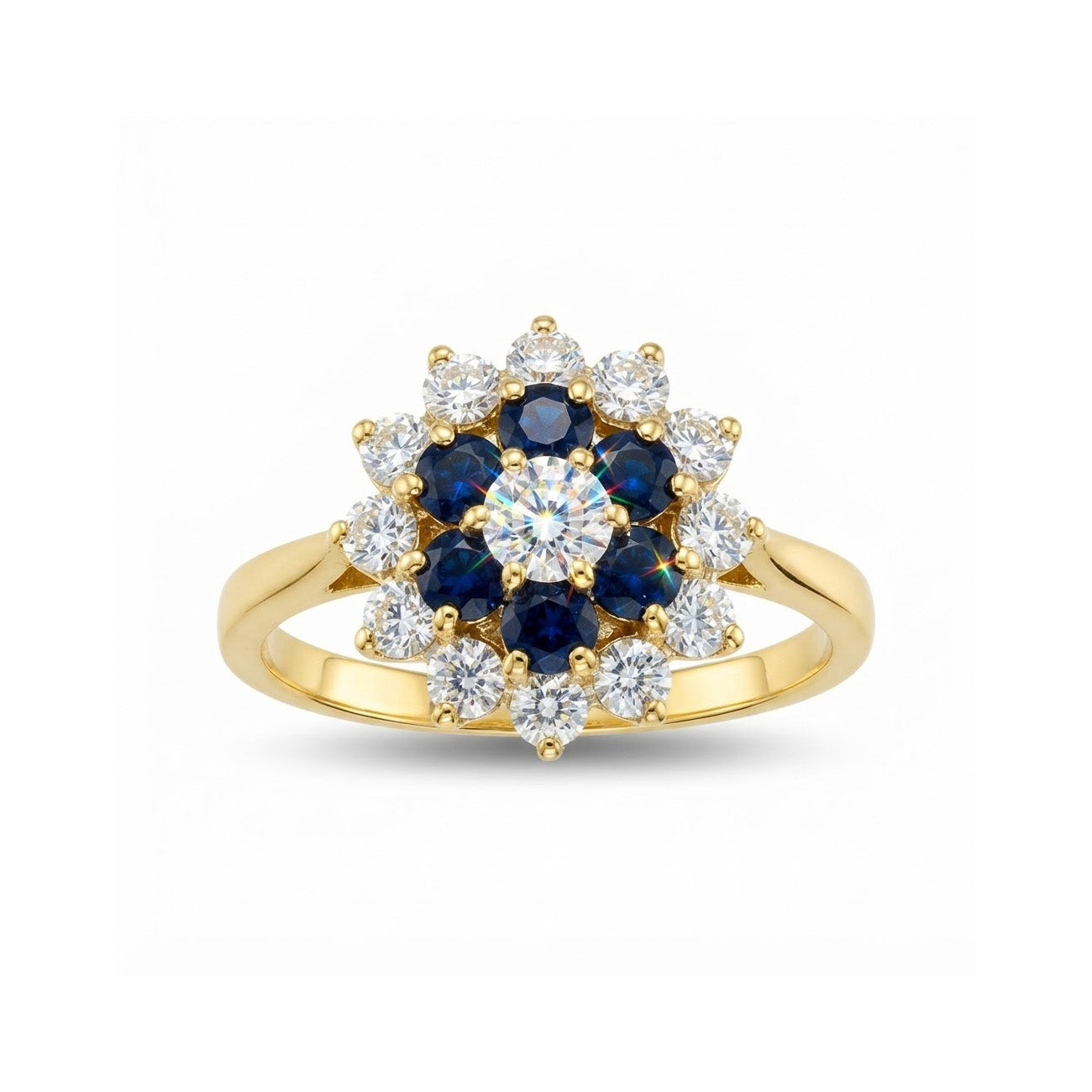 9K Yellow Gold Sapphire & Cubic Zirconia Double Cluster Ring