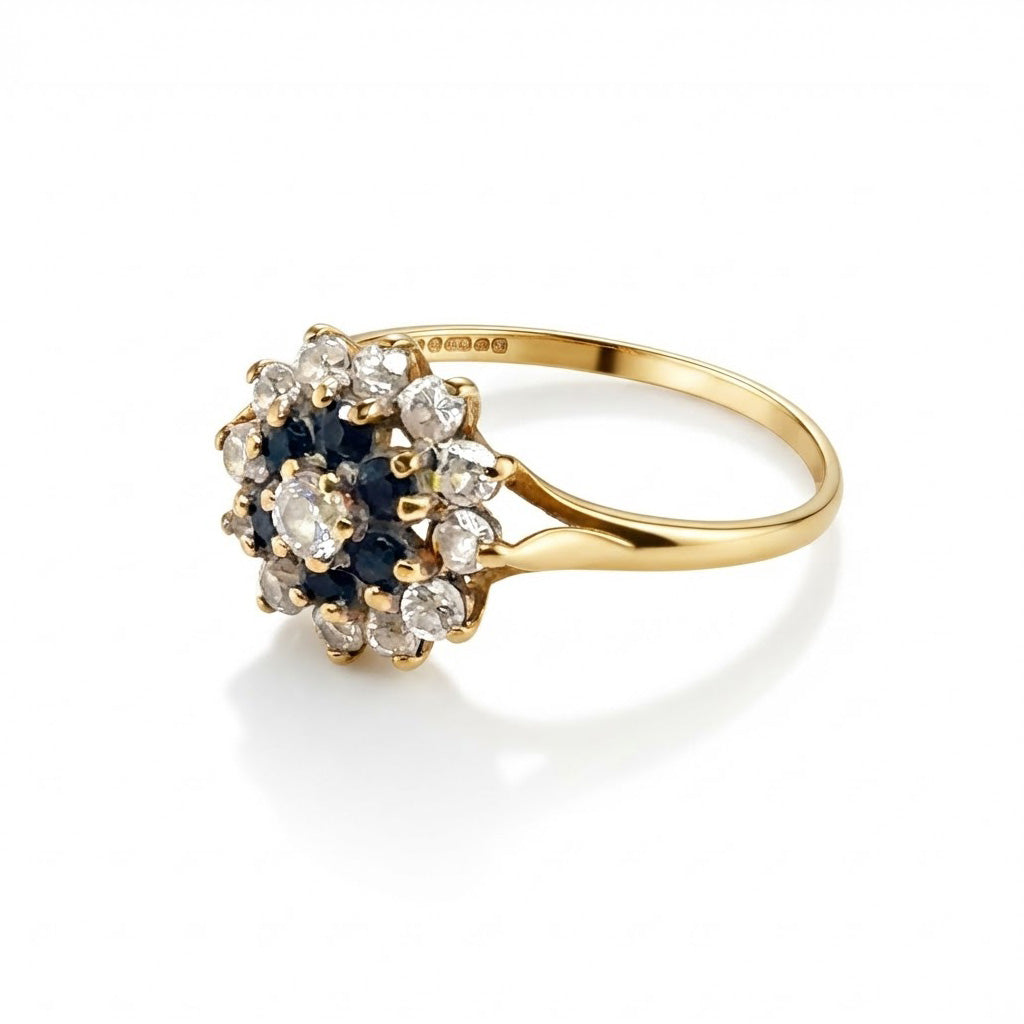 9K Yellow Gold Sapphire & Cubic Zirconia Double Cluster Ring