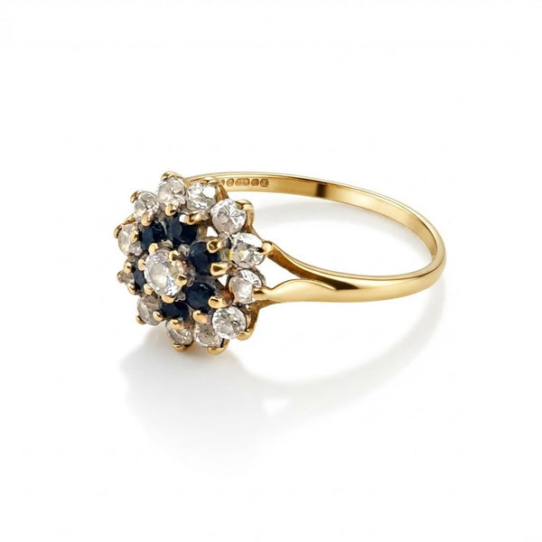 9K Yellow Gold Sapphire & Cubic Zirconia Double Cluster Ring