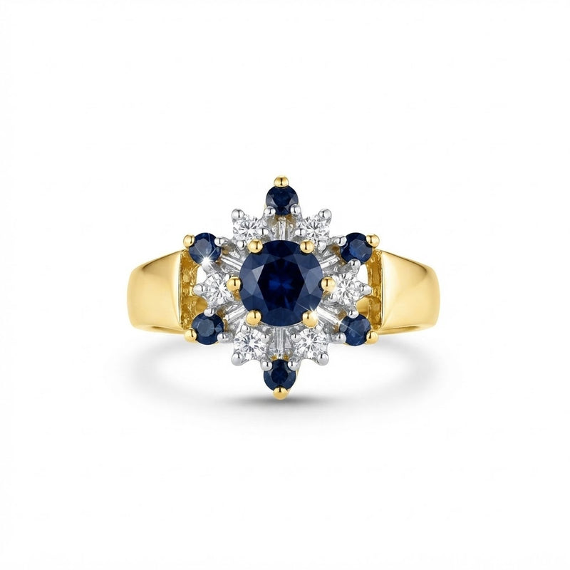 9K Yellow Gold Vintage Sapphire &amp; Diamond Cluster Ring