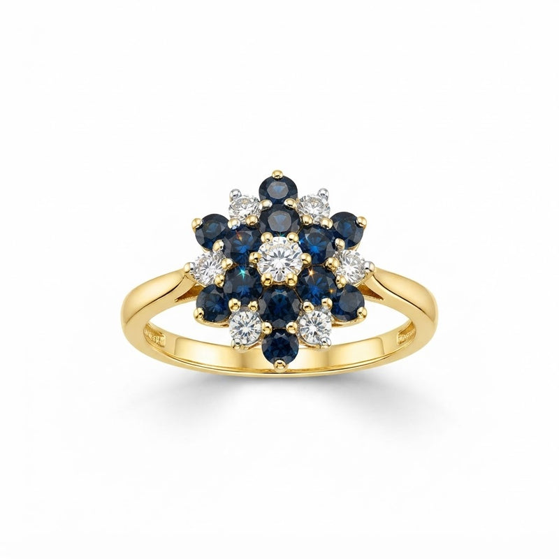 9K Yellow Gold Vintage Sapphire &amp; Diamond Cluster Dress Ring