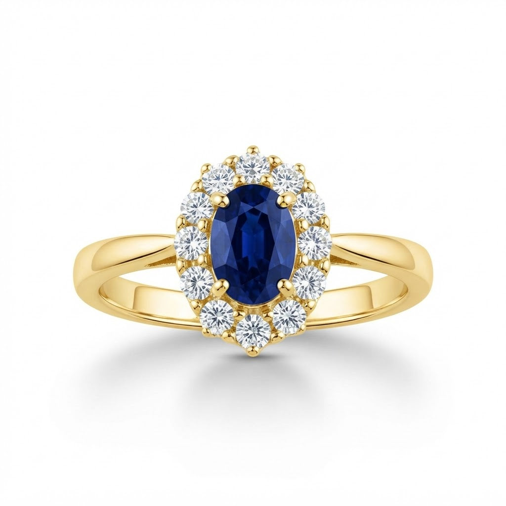 9K Yellow Gold 0.40ct Oval Sapphire & Diamond Halo Ring