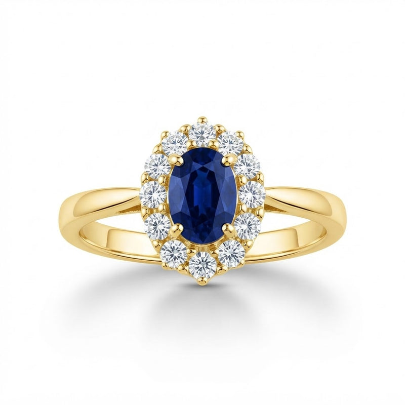 9K Yellow Gold 0.40ct Oval Sapphire &amp; Diamond Halo Ring