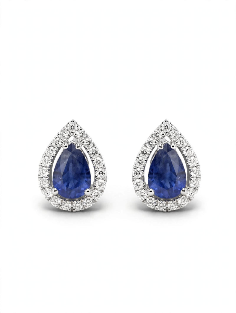 9K White Gold Pear-Cut Sapphire &amp; Diamond Halo Stud Earrings