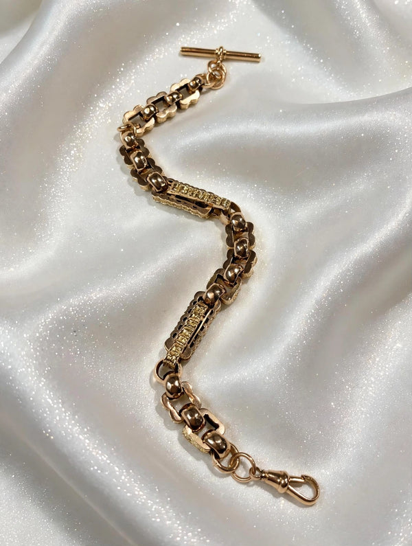 9K Yellow Gold Engraved Gate & CZ Bar Link Bracelet