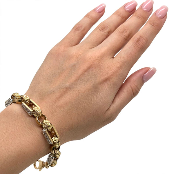 9K Yellow Gold Engraved Gate & CZ Bar Link Bracelet