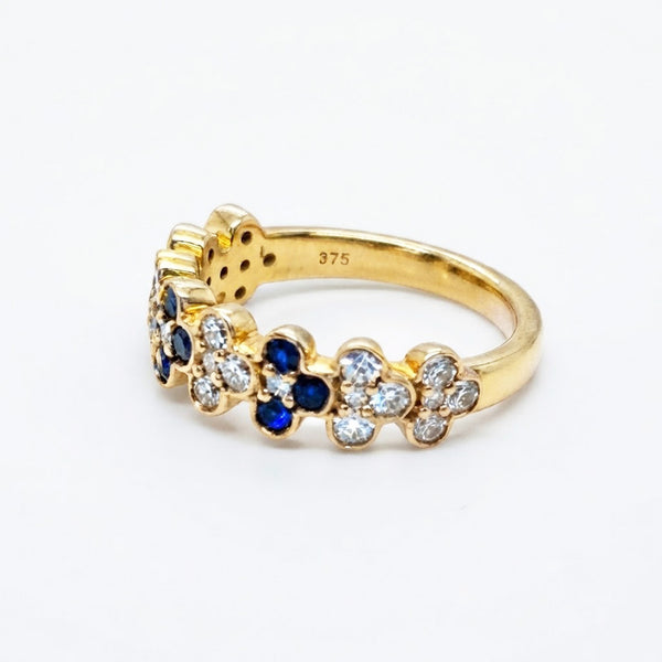 9K Yellow Gold Sapphire & Diamond Floral Band Ring