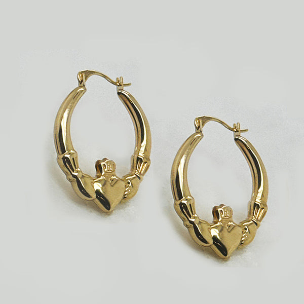 9K Yellow Gold Claddagh Hoop Earrings