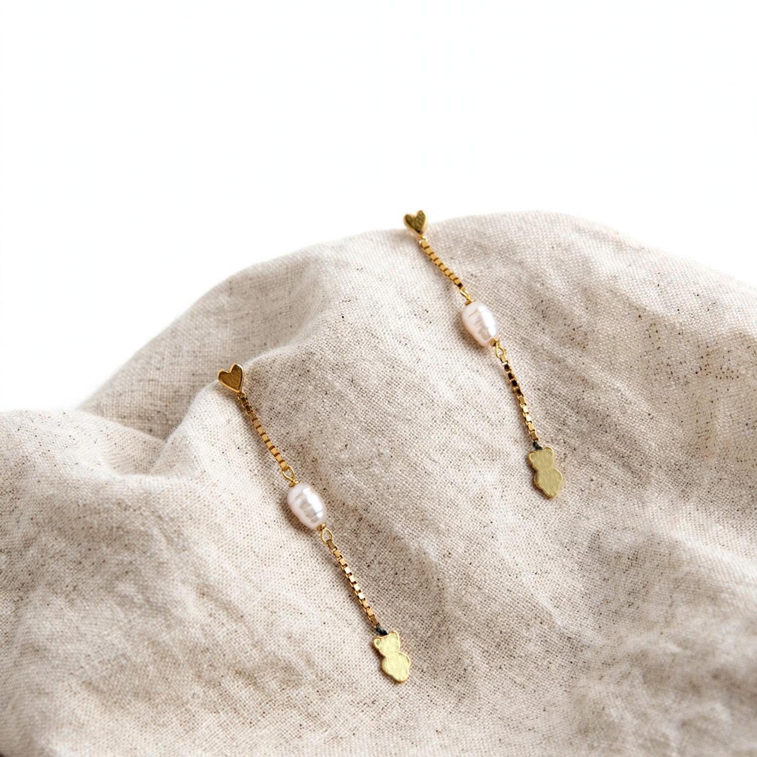 9K Yellow Gold and Pearl Heart Drop Earrings