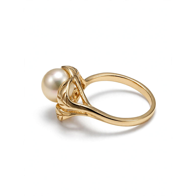 9K Yellow Gold Pearl Leaf Accent Ring