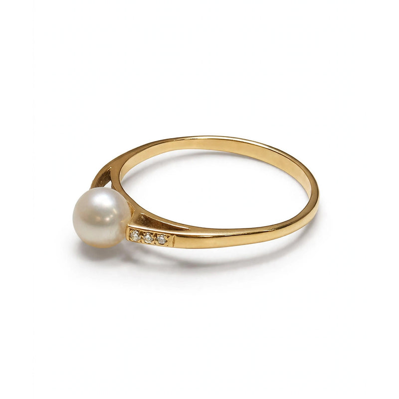 9K Yellow Gold Pearl &amp; Diamond Accent Ring