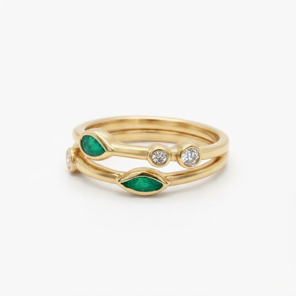 9K Yellow Gold Emerald & Diamond Stackable Ring Set