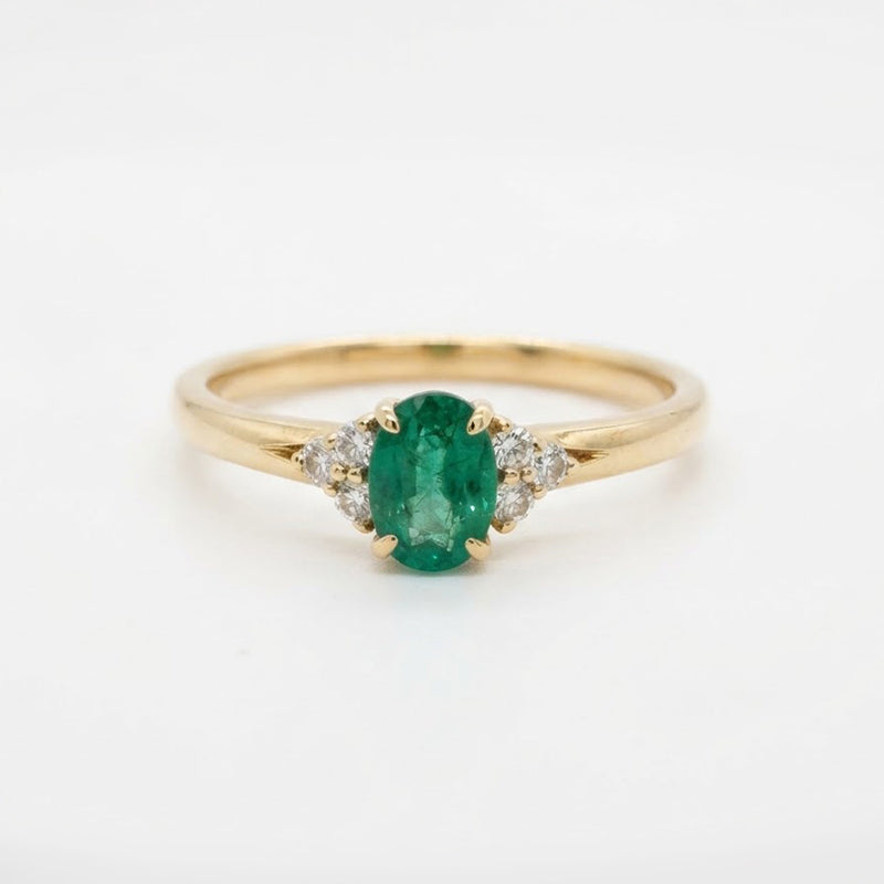 9K Yellow Gold Oval Emerald &amp; Diamond Cluster Ring