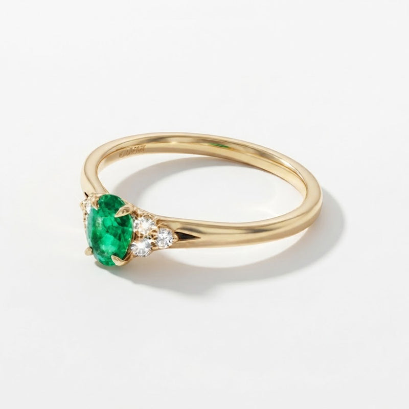 9K Yellow Gold Oval Emerald &amp; Diamond Cluster Ring