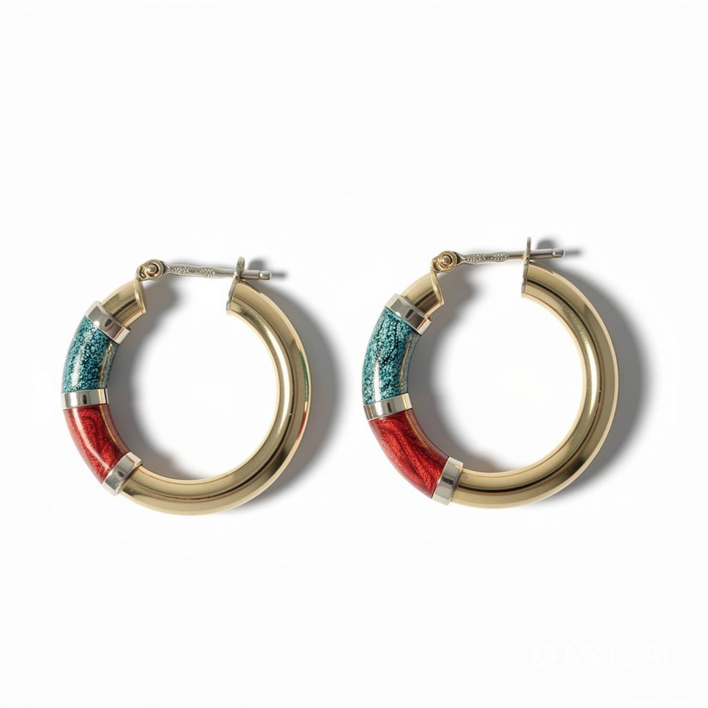9K Yellow Gold Tricolour Enamel Hoop Earrings