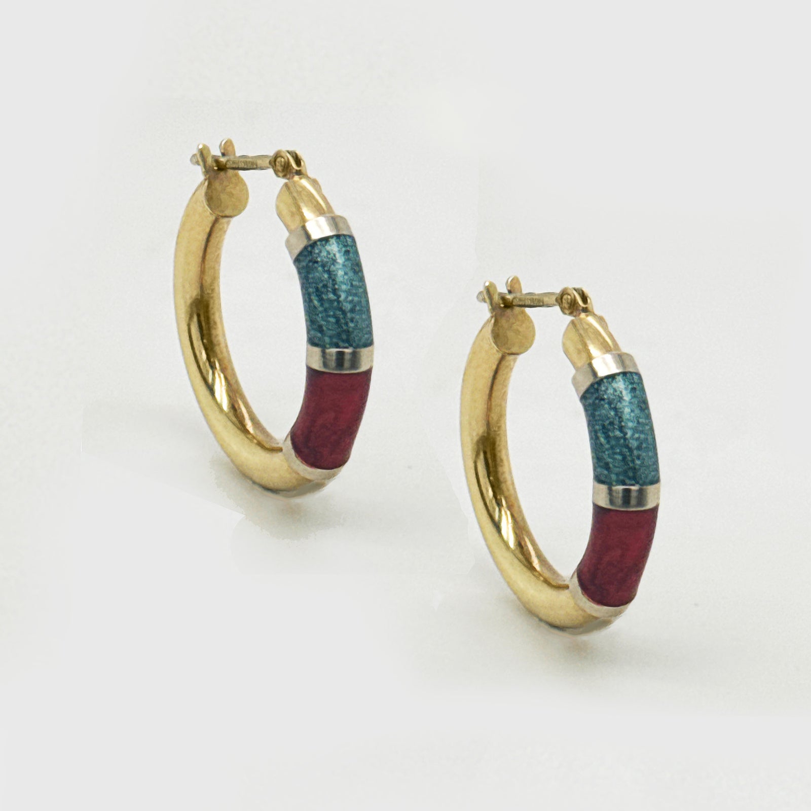 9K Yellow Gold Tricolour Enamel Hoop Earrings